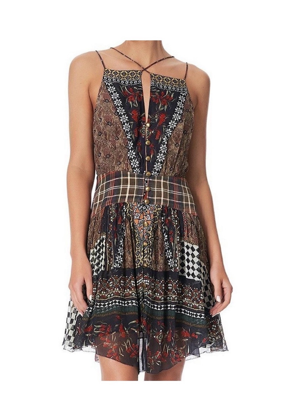 Camilla Multicolor Boho Midi Dress with Patchwork Prints